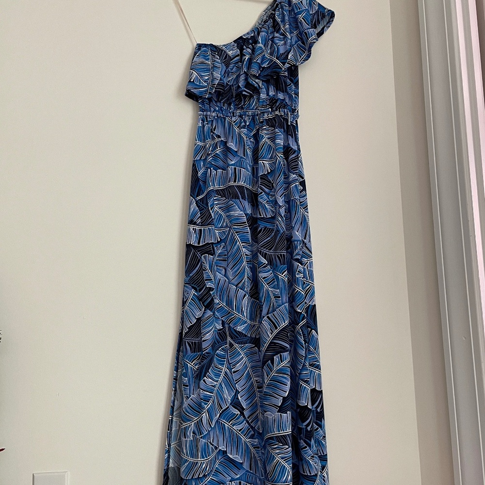 Harlow & Rose Women's Black and Blue Banana Leaf Palm Frond Maxi Dress Size Sm